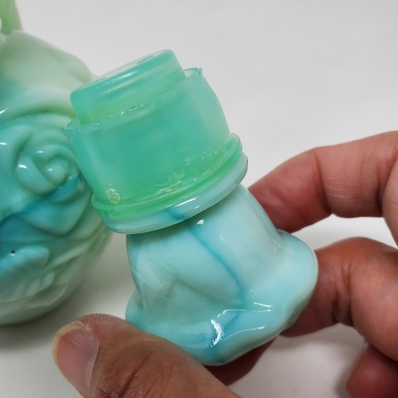 Vintage Avon Bath Oil Milk Glass Decanter Stopper Jadeite Rose Floral Bottle - Picture 9 of 13